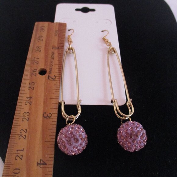 Pin Hook Earrings Purple Pave Balls GOLDTONE Free Gift Box - Picture 3 of 3